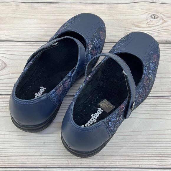 Cosyfeet Laura Mary Jane Women 9 Extra Wide Navy Blue Floral Comfort Shoes (6E) - Picture 15 of 16